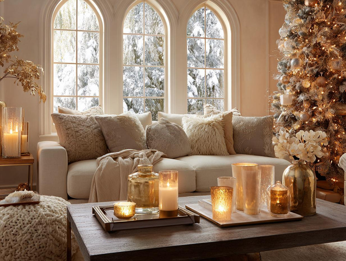 Sfeervol kerstinterieur met kaarslicht en kerstdecoratie
