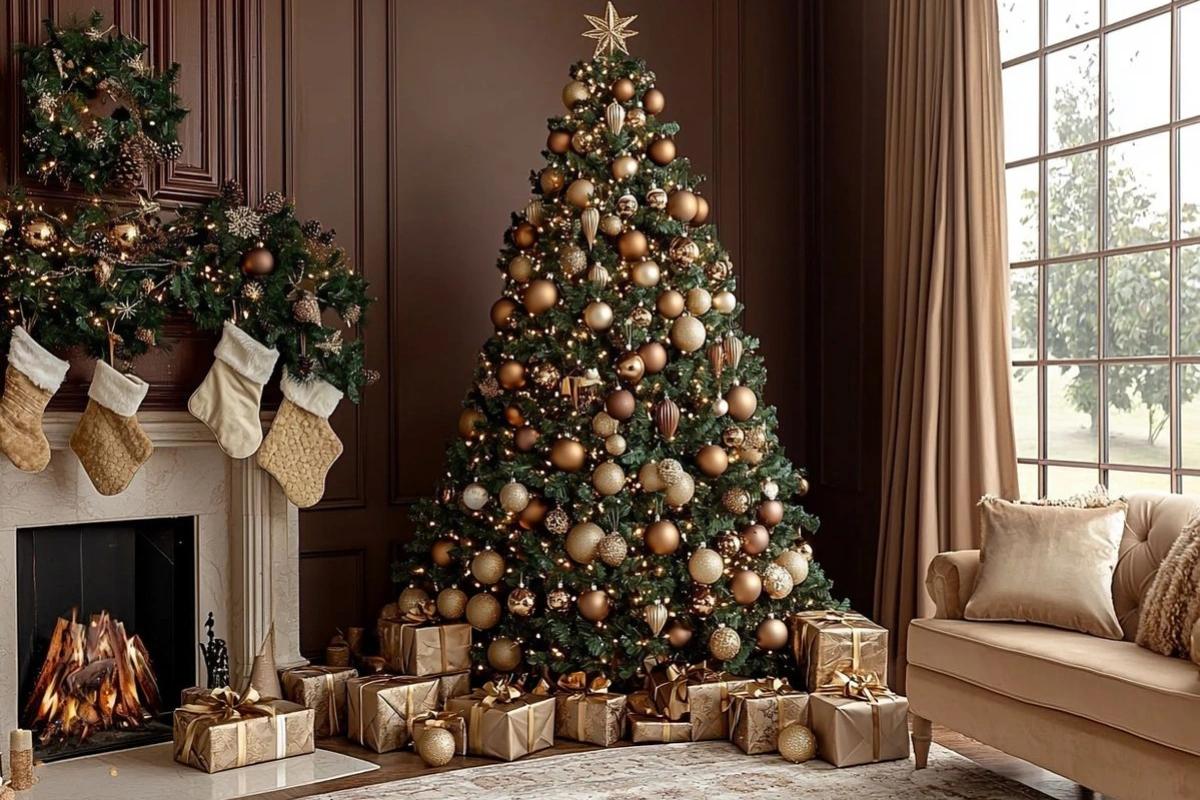 Kerstboom versierd met gouden, rode en bordeaux kerstballen