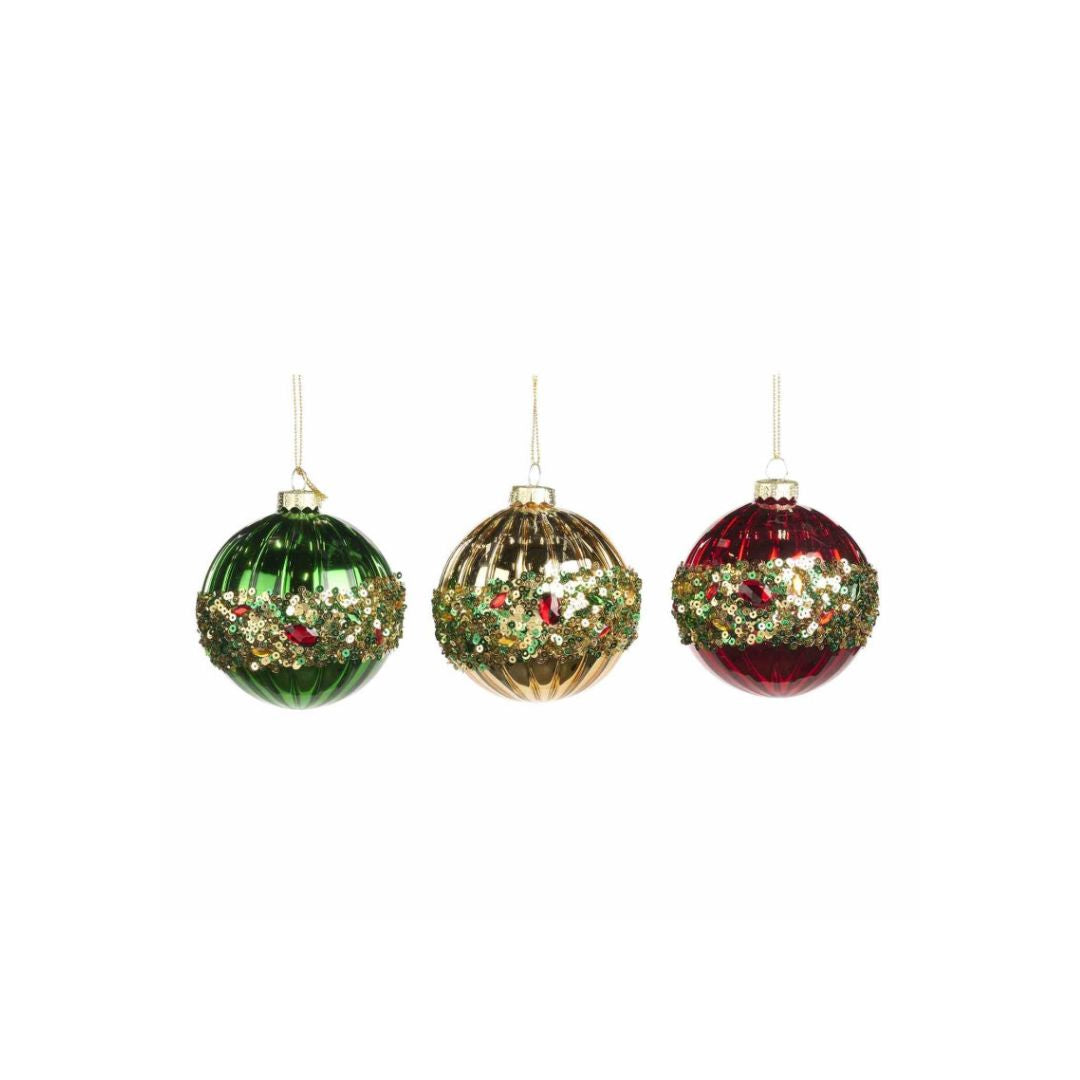 Drie kerstballen in rood, groen en goud - Goodwill Glazen Kerstballen met Pailletten Ring Rood/Groen/Goud - Set van 3 - Ø 8 cm - Deuxamis