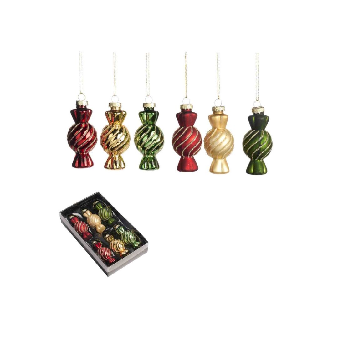 Glazen snoep ornamenten in rood, groen, goud - Deuxamis