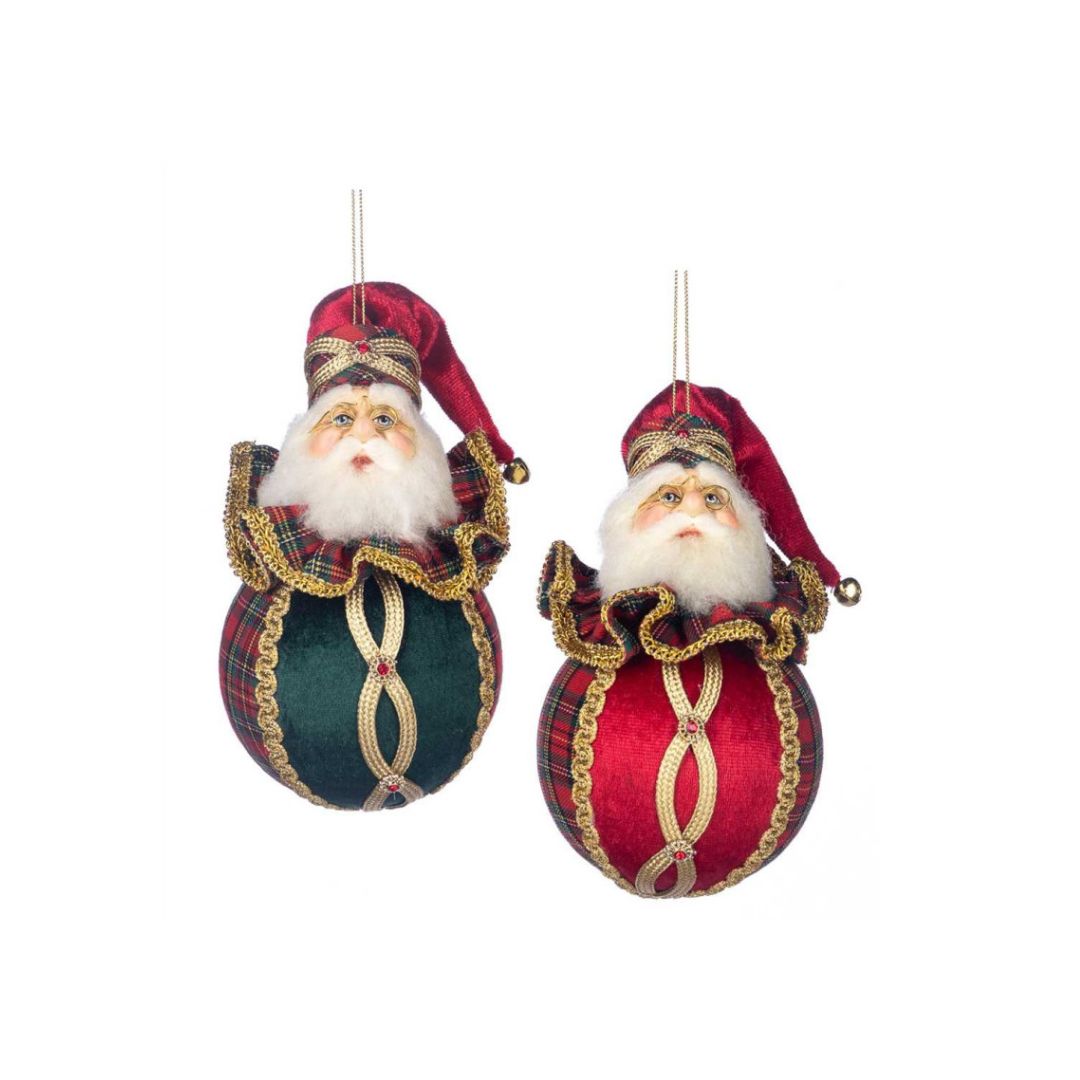 Goodwill Luxe Kerstmanhoofd op Tartan Kerstbal Rood/Groen - Set van 2 - Deuxamis