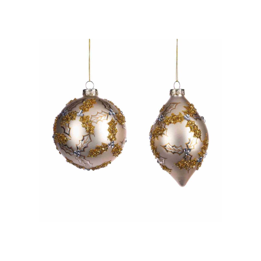 Glazen kerstballen met gouden pailletten - Goodwill Glazen Kerstballen & Pegels met Pailletten Crème/Goud - Set van 2 - 11,5 cm - Deuxamis