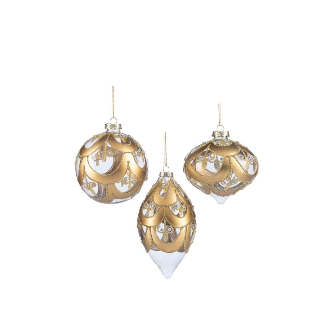 Glazen ornamenten met gouden schubbenpatroon - Deuxamis
