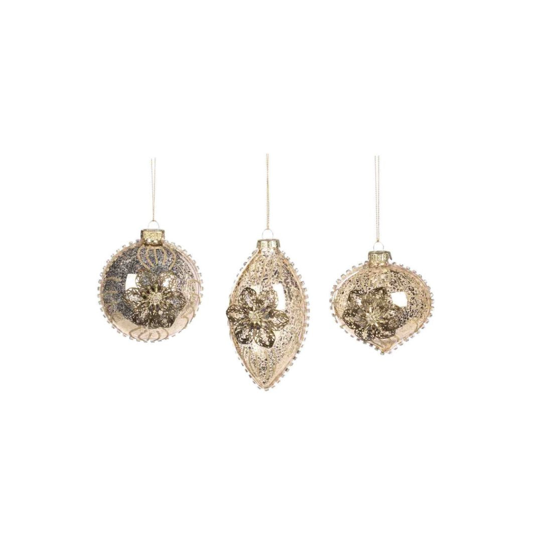 Glazen kerstballen met 3D metaalbloemen goud - Deuxamis